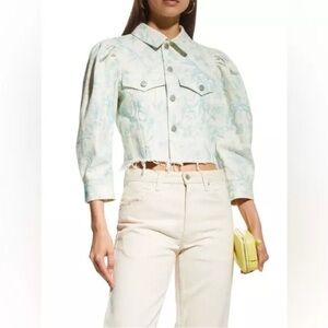 NEW! ELIE TAHARI Antique Floral Printed Raw Hem Denim Jacket White Size M